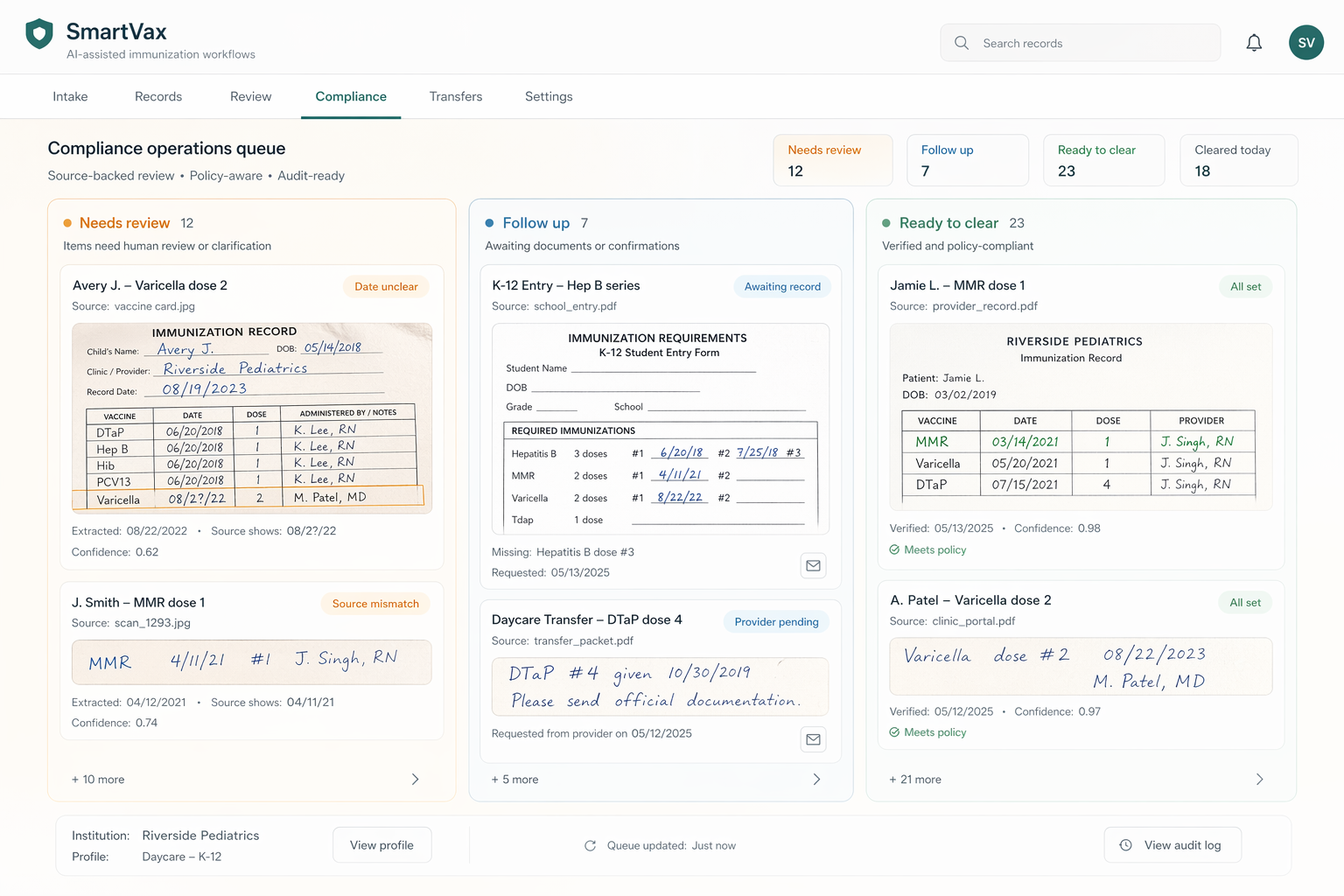 SmartVax compliance operations image showing handwritten record review, needs-review items, and ready-to-clear vaccination states.
