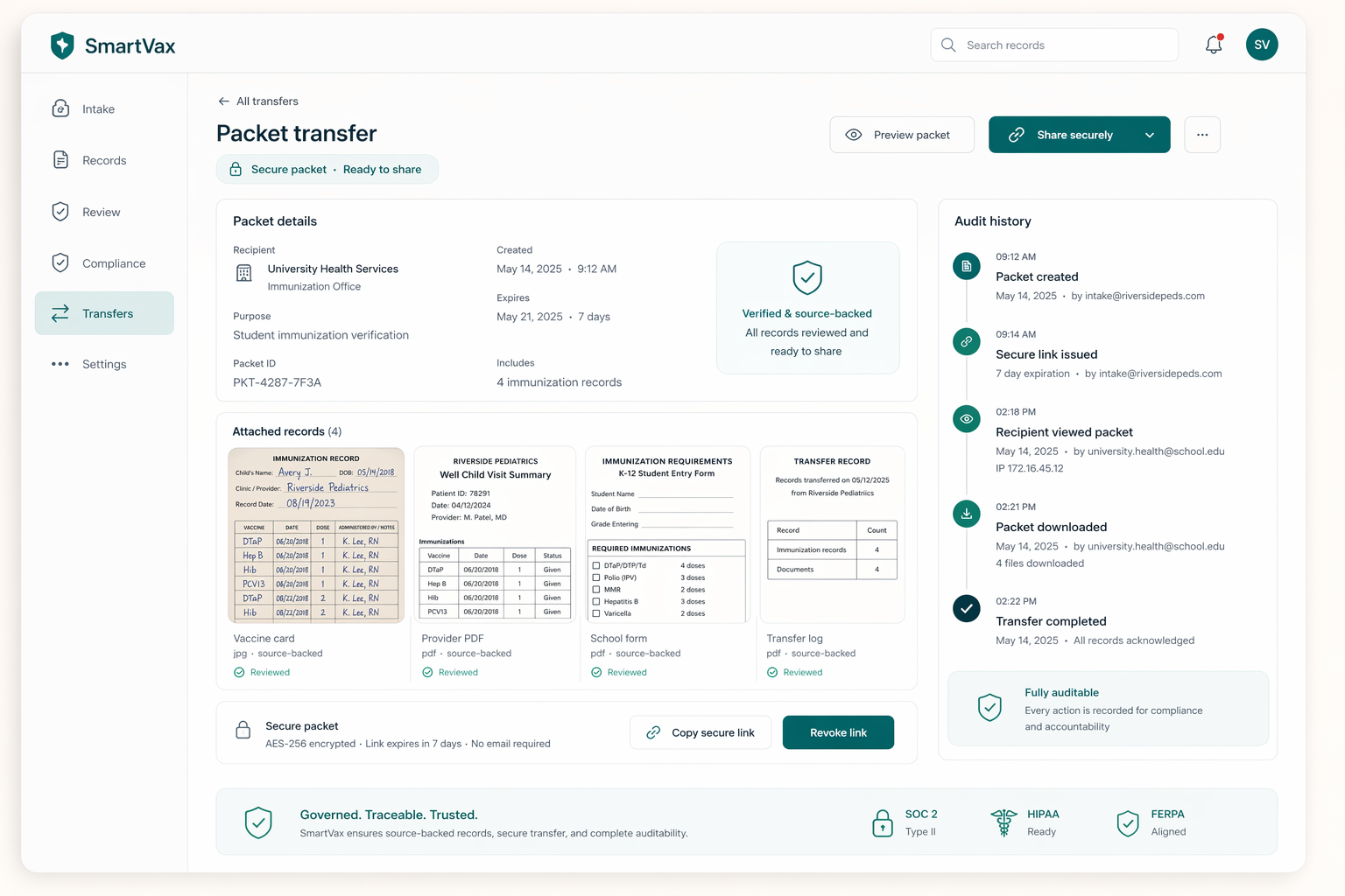 SmartVax packet transfer image showing verified vaccination record history, secure transfer controls, and disclosure audit tracking.