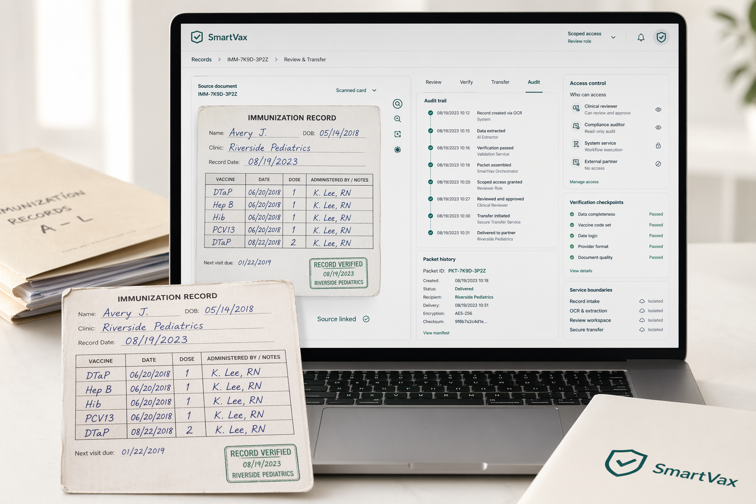 SmartVax security and governance image showing scoped access, audit events, service boundaries, and controlled vaccination record transfer.