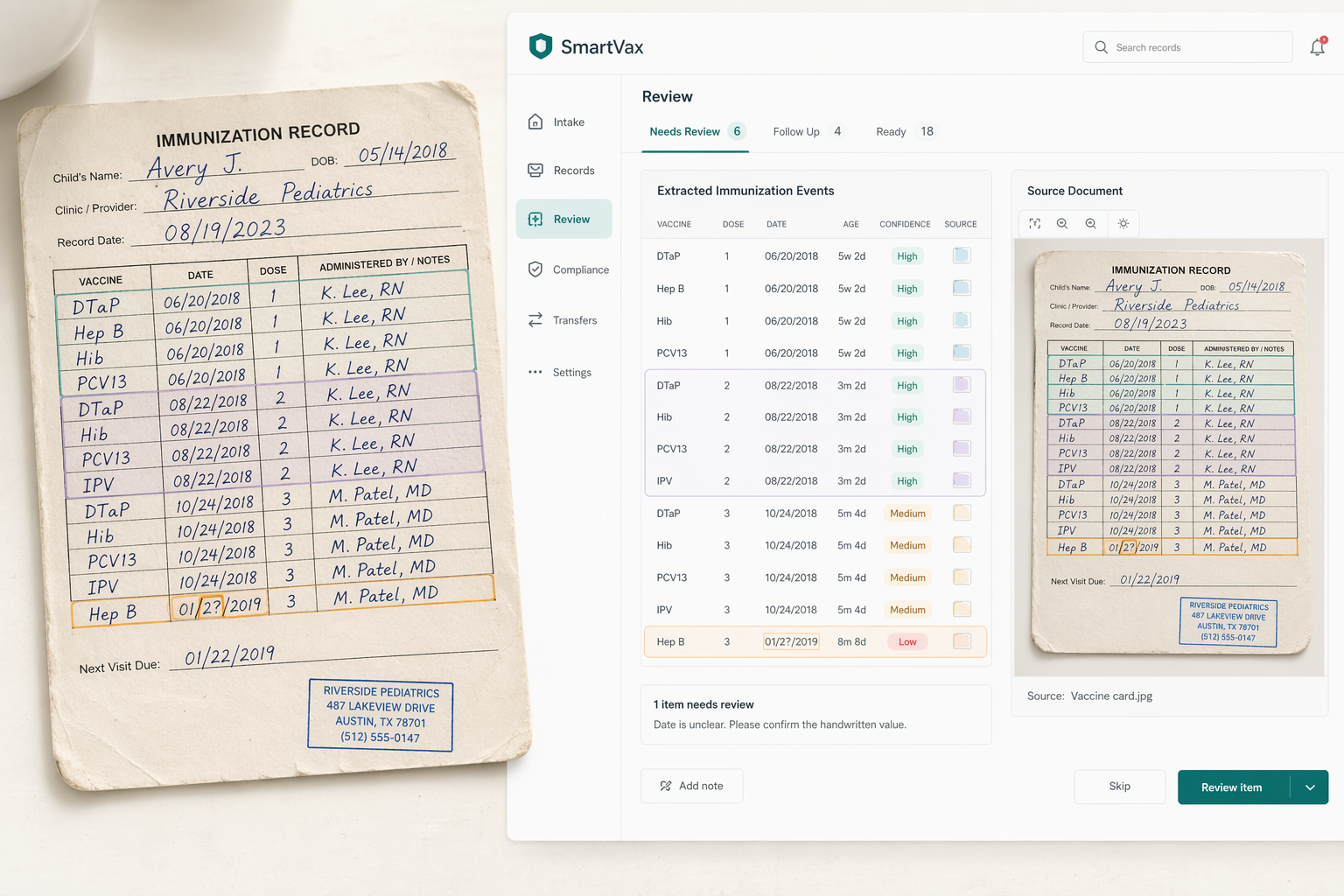 SmartVax evidence review image comparing a handwritten immunization record against extracted vaccine rows with source-backed review controls.